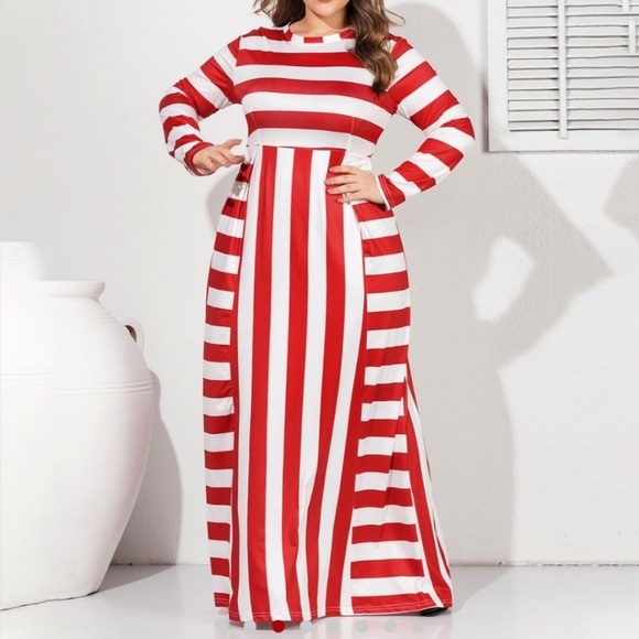 Dresses & Skirts - Blue and White Stripe Fit and Flare Long Sleeve Maxi Dress Size 5X